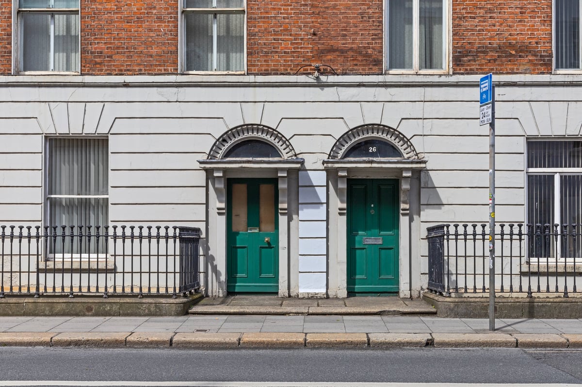 Colorful doors and the doorstep in the city center of Dublin