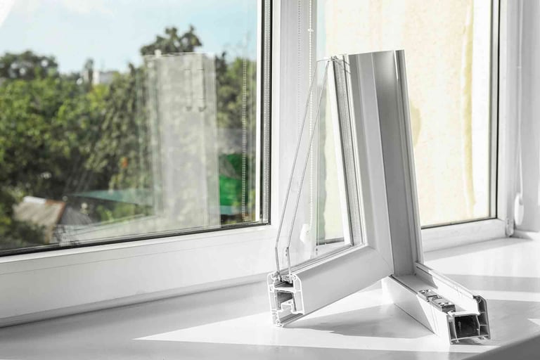Modern window frame sample displayed on windowsill with exterior landscape view in background