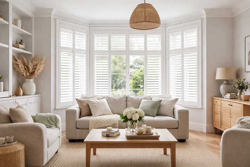 Bright living room with beige sofa, wooden coffee table, woven pendant light, white shuttered bay window, and neutral furnishings.