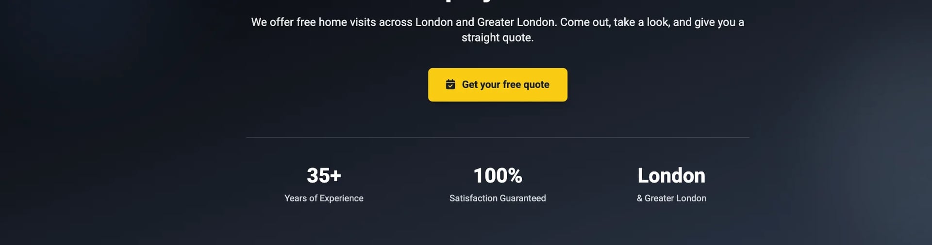 Promotional banner highlighting 35+ years of experience, 100% satisfaction guarantee, and London location with a Get your free quote button